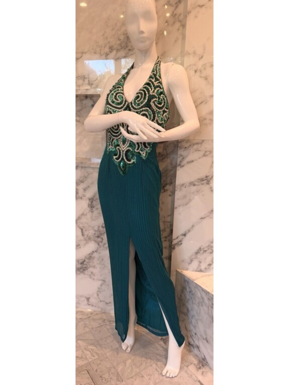 Vintage Alyce Designs Emerald Green Beaded Sequin Halter Gown Dress Size 8 New